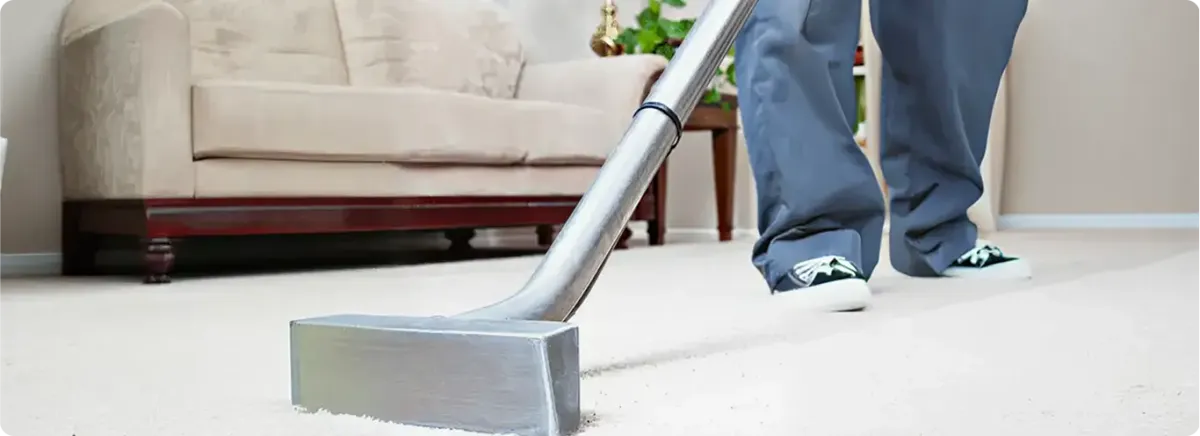 Carpet cleaning technician using a hot-water extraction wand on a light-colored carpet in a living room, Spokane, WA.