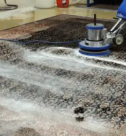 Professional rug cleaning with a rotary floor machine and shampoo foam, deep-cleaning an area rug Spokane, WA.